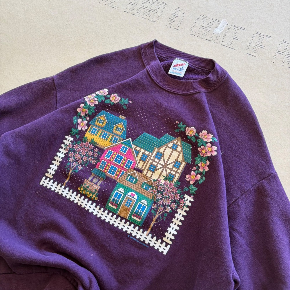 Vintage 90s Jerzees Sweatshirt Village House Graphic Purple Pullover